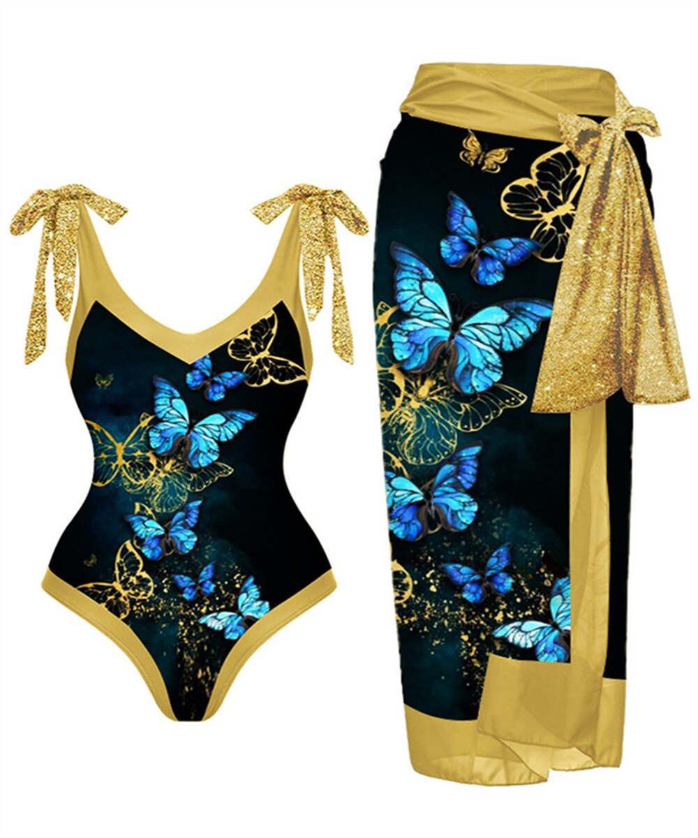 Vintage Tempermant One-Piece Swimsuit w/ Matching Mesh Sarong