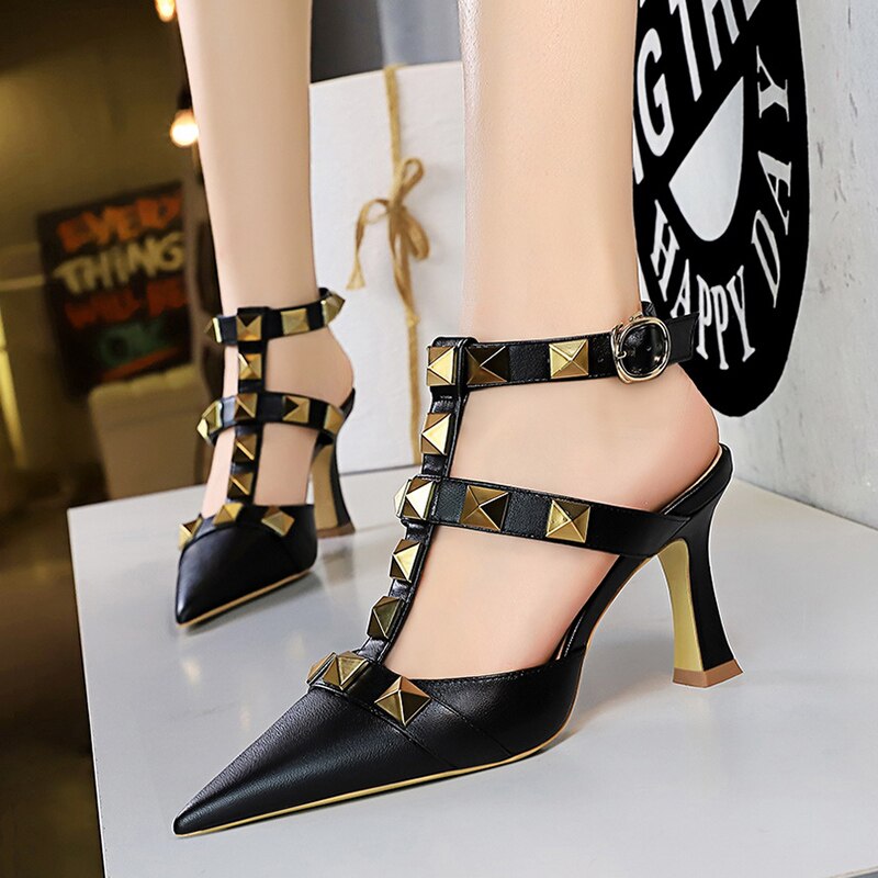 Gold Rivet Buckle Strap Block Heel Gladiator Replica Designer Pumps