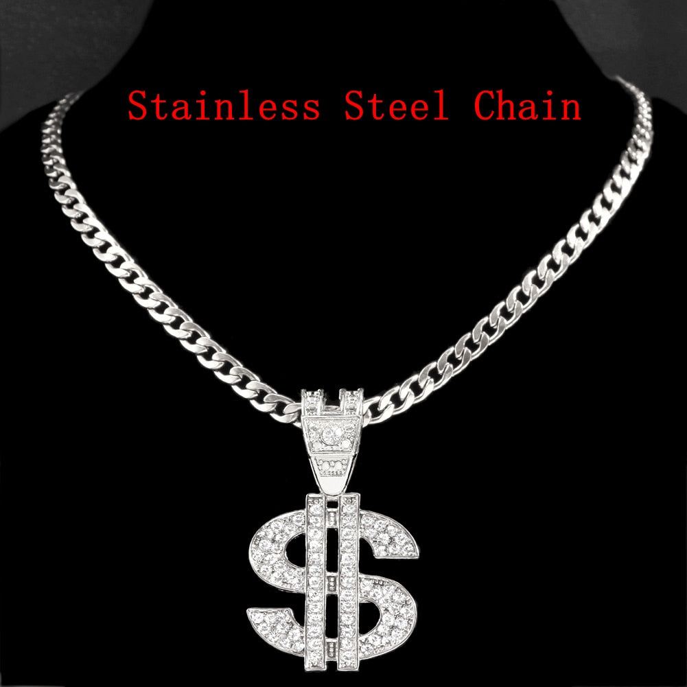 Dollar Sign Pendant Necklace 13mm Cuban Link Chain Necklace