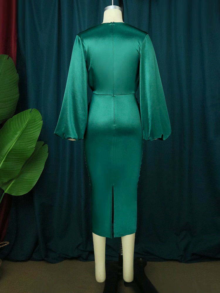 Satin Green Plus Bodycon Elastic Smocked Midi Dress to 4X