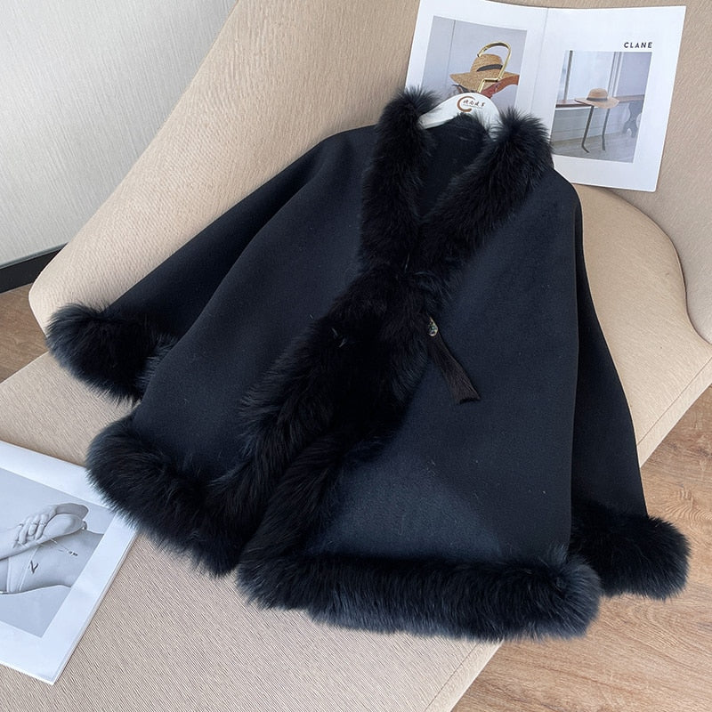 Solid Wool Fox Fur Collar Cheongsam Cloak Retro Tassel Shawl