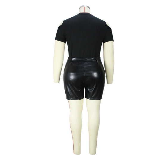 Black Solid Ladies PU Leather Shorts & Bodycon T-Shirt 2-Piece Set Plus Size to 4X