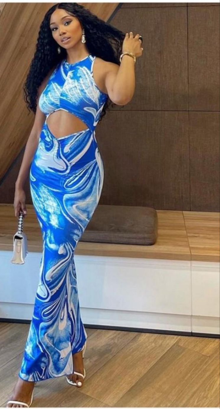 Tie-Dye Blue/White Hollow Bodycon Maxi Sleeveless O-Neck Backelss Dress