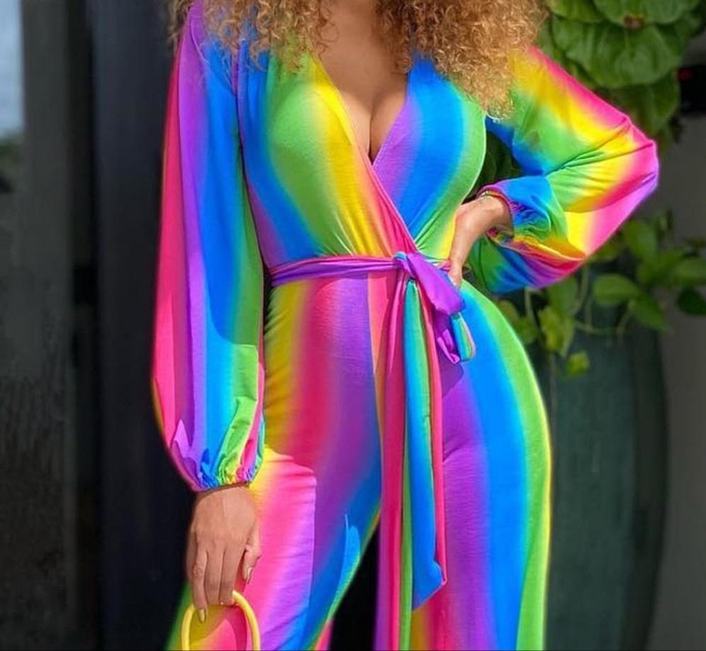 Rainbow Gradient Colorblock Ombre Deep V-Neck Long Sleeve Jumpsuit w/ Sash Belt