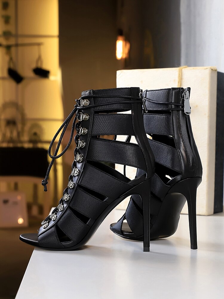 Stiletto Cross Strap Fish Mouth Hollow High-top Hole Roman Ankle Boots