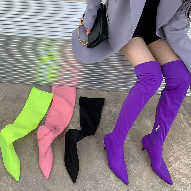 Candy Color Over-The-Knee Pointed Toe Side Zipper Green/Pink/Black/Purple Stretch Fabric Boots