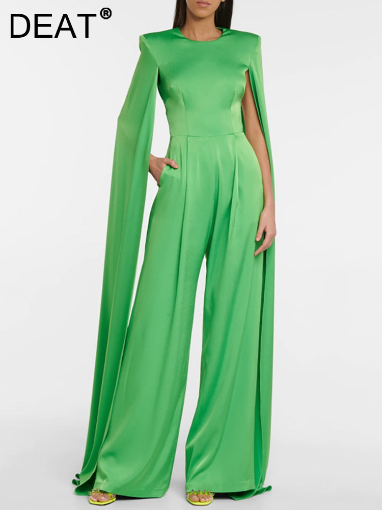 Silk Evening O-Neck Broad Shoulder Backless Hollow Out Jumpsuit