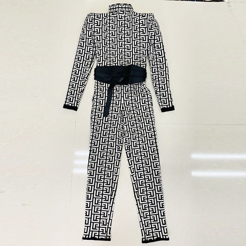 Jacquard Geometric Monogram Peak Shoulder Long Sleeve Knitted Belted Jumpsuit