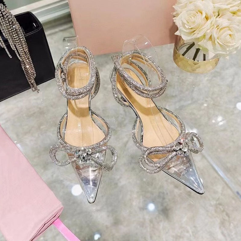 Bowknot Satin Glitter Rhinestone High Heel Pumps