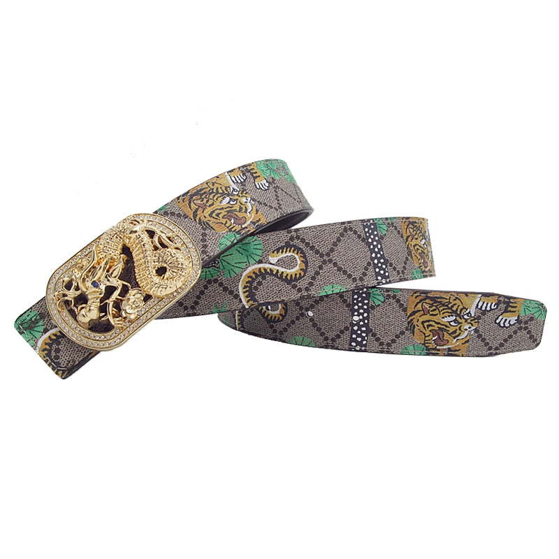 Unisex Gold/Silver Tiger/Dragon/Eagle/Butterfly Pattern Alloy Smooth Buckle Diamond Leopard Head Leather Belts