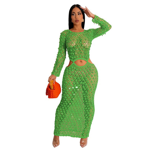 Crochet Sequin Solid Color Hollow-Out Knitted Maxi Dress