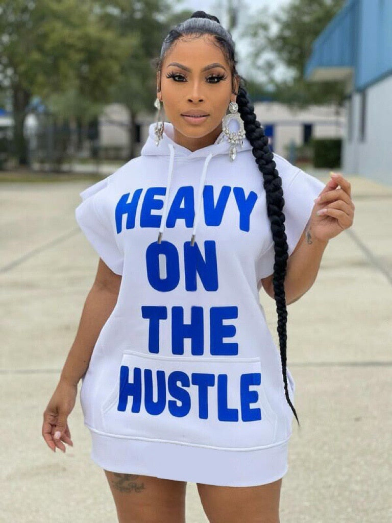 "Heavy On The Hustle" Drawstring Flared Short Sleeve Sweatshirt Hoodie Dress