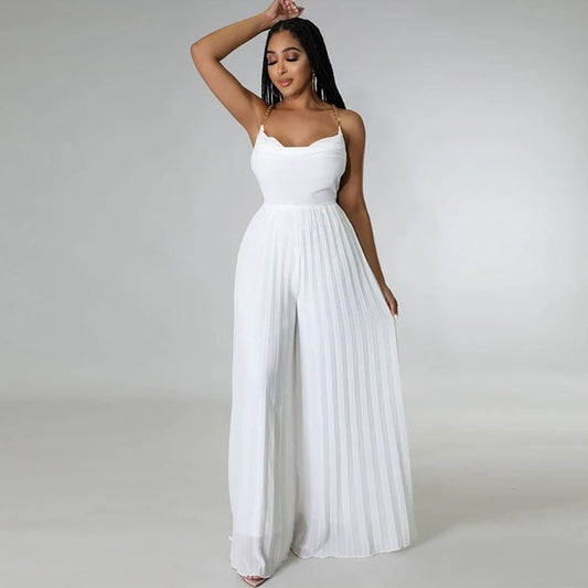 Pleated Chiffon Spaghetti Chain Strap Backless Wide Leg Jumpsuit