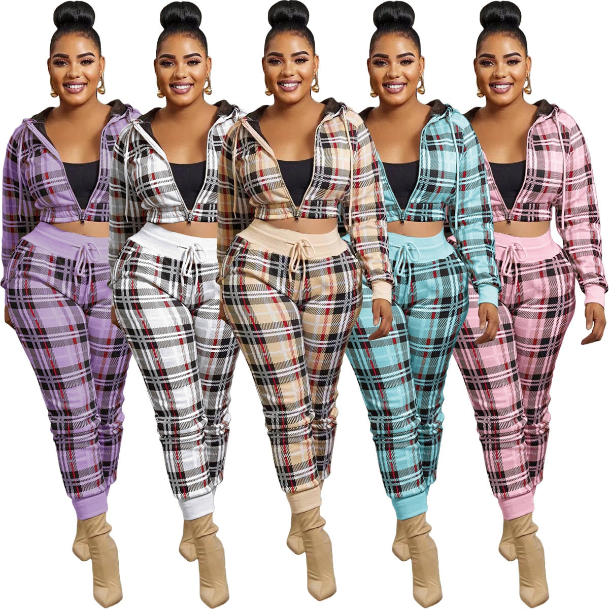 Plaid Ladies Long Sleeve Cropped Zipper Jacket + Matching Sweatpants Tracksuit to 3X Plus Size