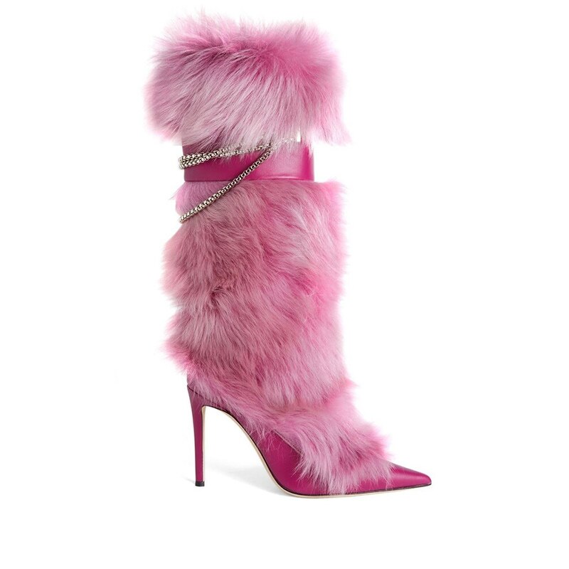 Cowhide Pink ONLY 10cm Knee High Fox Fur Metal Chain Pointed Boots