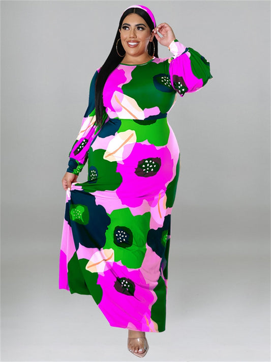 Rainbow Big Flower Print Big Hem Long Sleeve Maxi Dress to 5X Plus Size