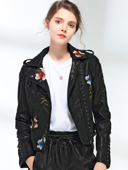 Women's Floral Embroidered Faux Leather Turn-down Collar Motorcycle Punk Jacket