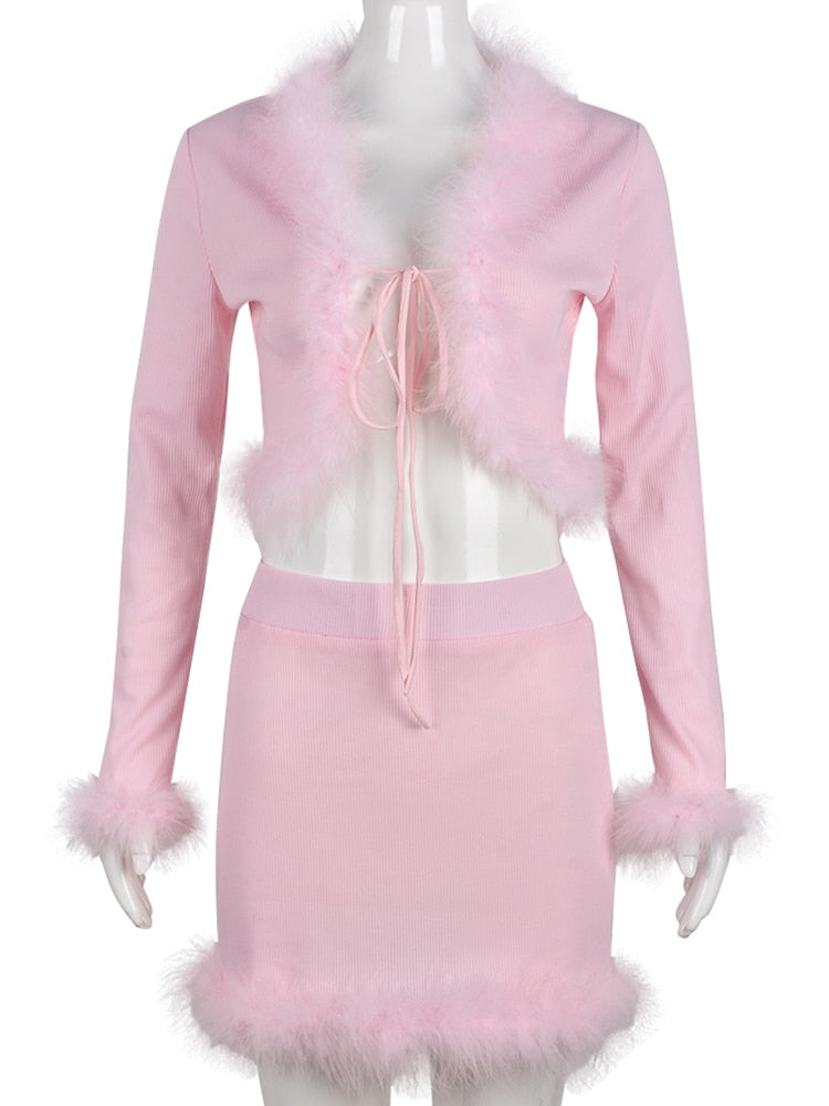 Pink Feather Hipster Lace Up Long Sleeve Crop Cardigan w/ High Waist Skinny Skirt 2-Piece Set