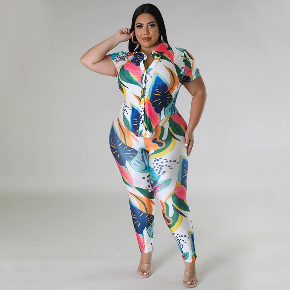 Tropical Printed Short Sleeve Top + Pants Set Plus to 4X