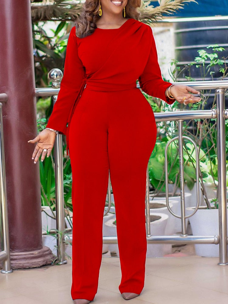 Solid Draped Wrapped Wide Leg Long Sleeve Jumpsuit to 3X Plus