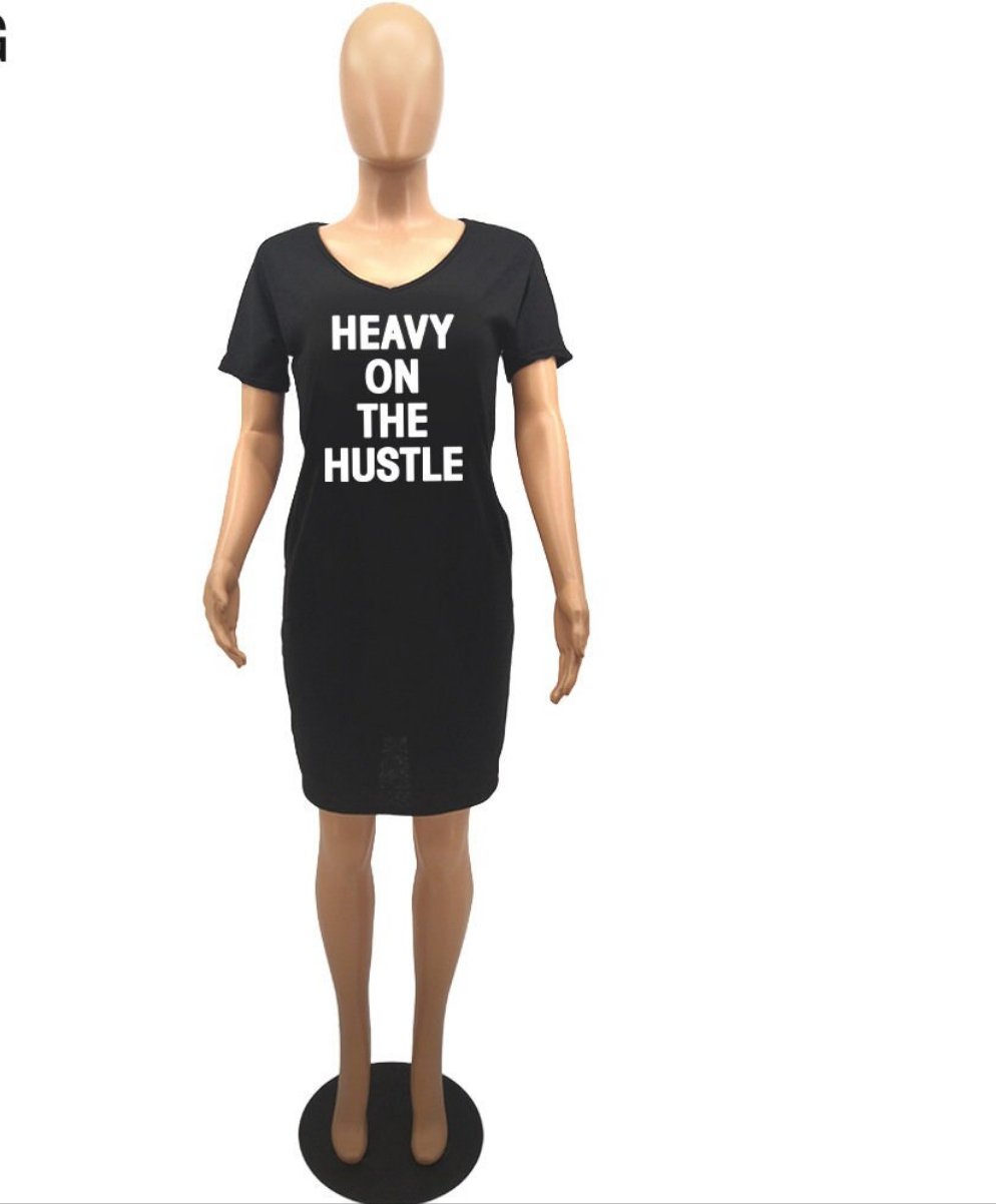 "Heavy On The Hustle" V-Neck Oversized T-Shirt Dress w/ Pockets to 3X Plus Size