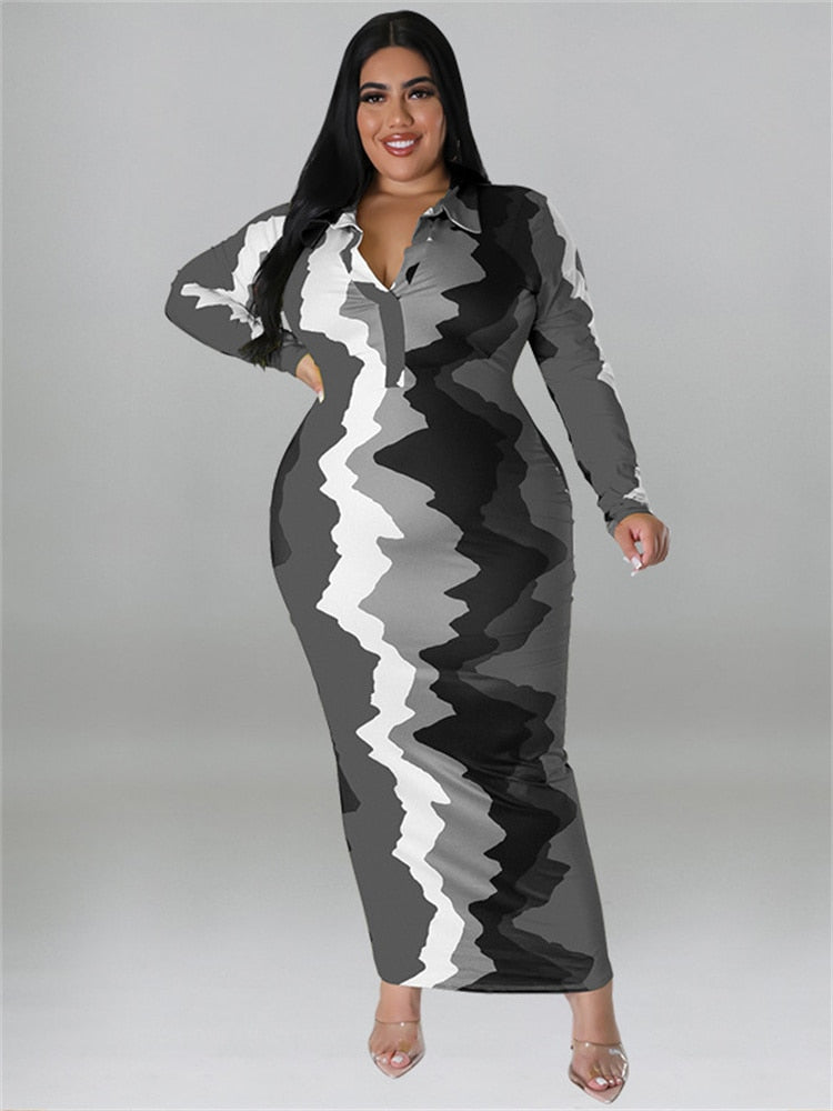 Tie-Dye Colorblock Turn Down Collar Long Sleeve V-Neck Maxi Dress Plus to 5X