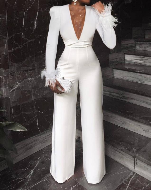 White Rhinestone Mesh Insert Feather Trim Plain V-Neck Long Sleeve Jumpsuit