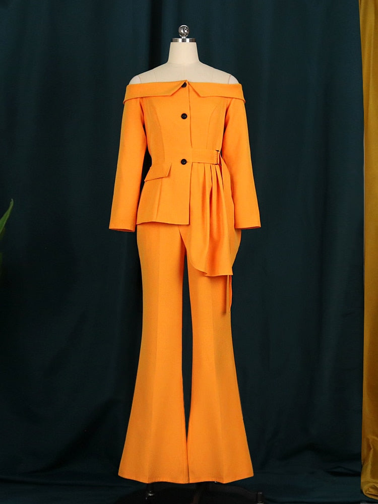 Off Shoulder Long Sleeve Button Up Blazer + High Waist Pants Women's Office Suit to 3X Plus