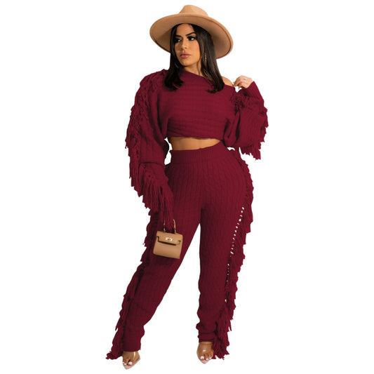 Tassel Fringe Detail Batwing Sleeve Women's Knitted Cropped Sweater & Matching Pants 2-Piece Set