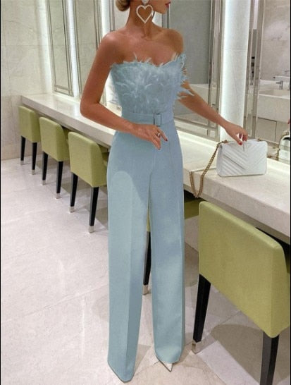 Strapless Slash Neck Feather Detail Tube Top Formal Jumpsuit