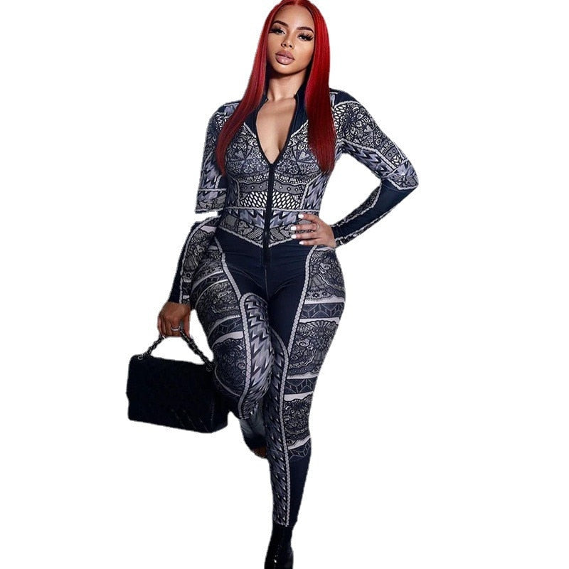 Aesthetic Print Zipper Long Sleeve Bodycon Jumpsuit