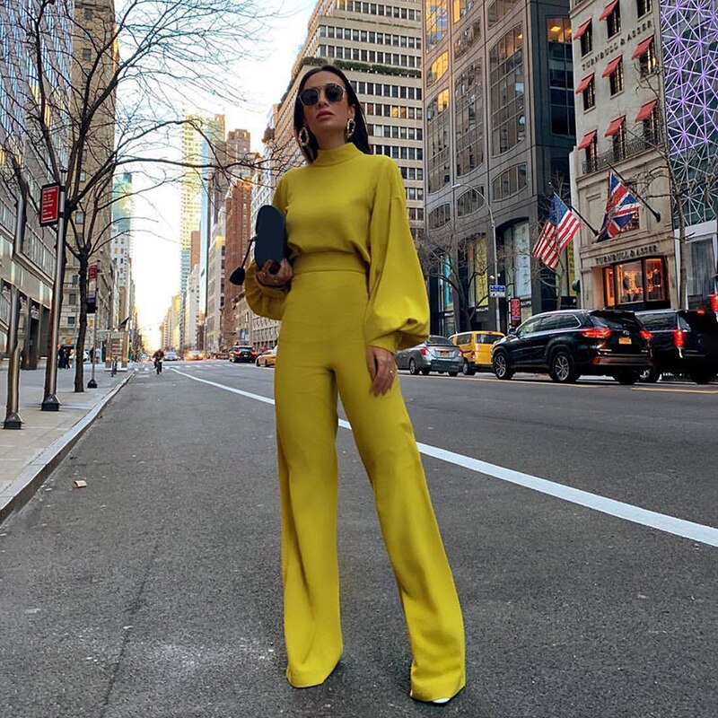 Turtleneck/Asymmetrical Wide Leg Long Sleeve/One Sleeve Jumpsuits