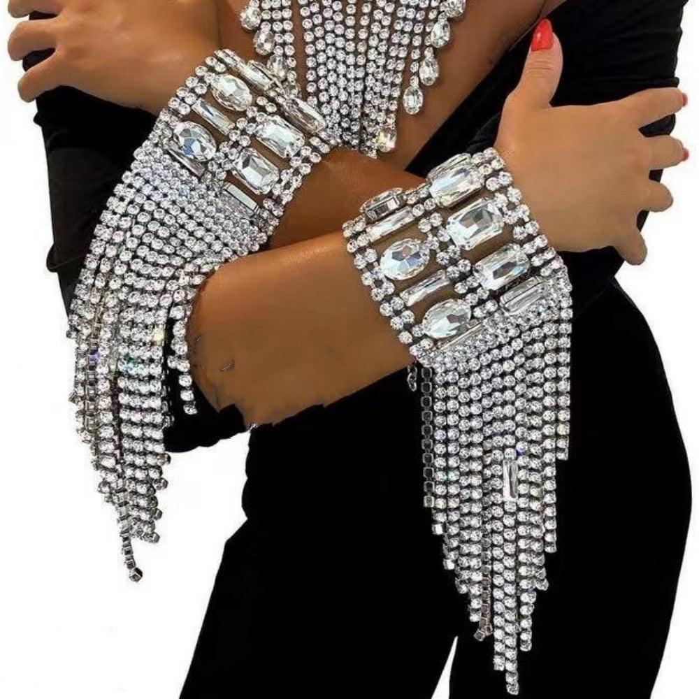 Bling Rhinestone Long Fringed Hand Bracelet