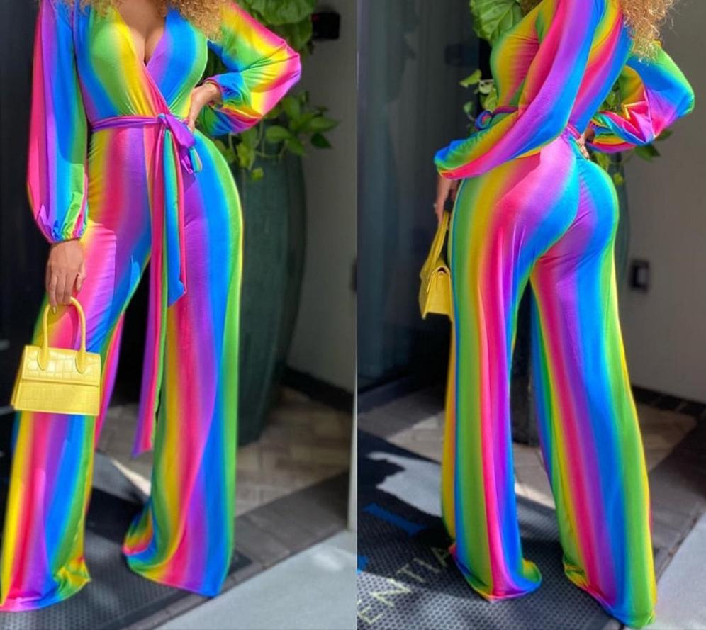 Rainbow Gradient Colorblock Ombre Deep V-Neck Long Sleeve Jumpsuit w/ Sash Belt