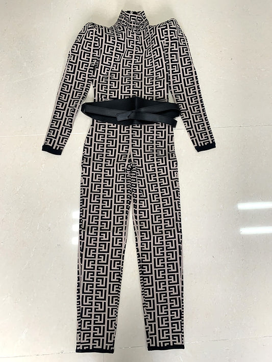 Jacquard Geometric Monogram Peak Shoulder Long Sleeve Knitted Belted Jumpsuit