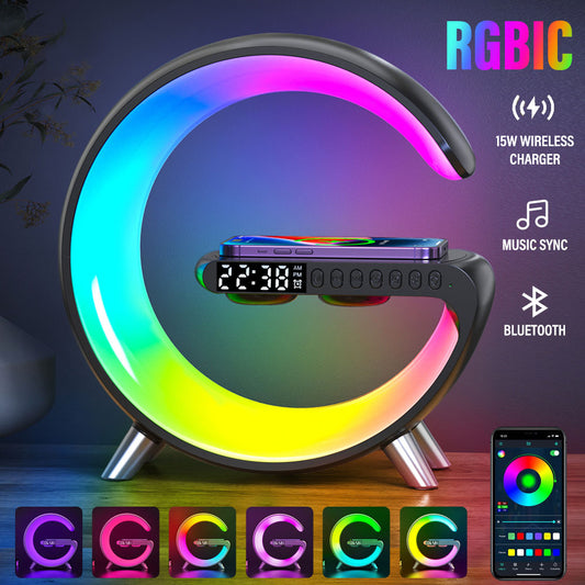 Smart APP LED RGB Night Light Atmosphere Desk Lamp Alarm Clock Speaker Wireless Charger