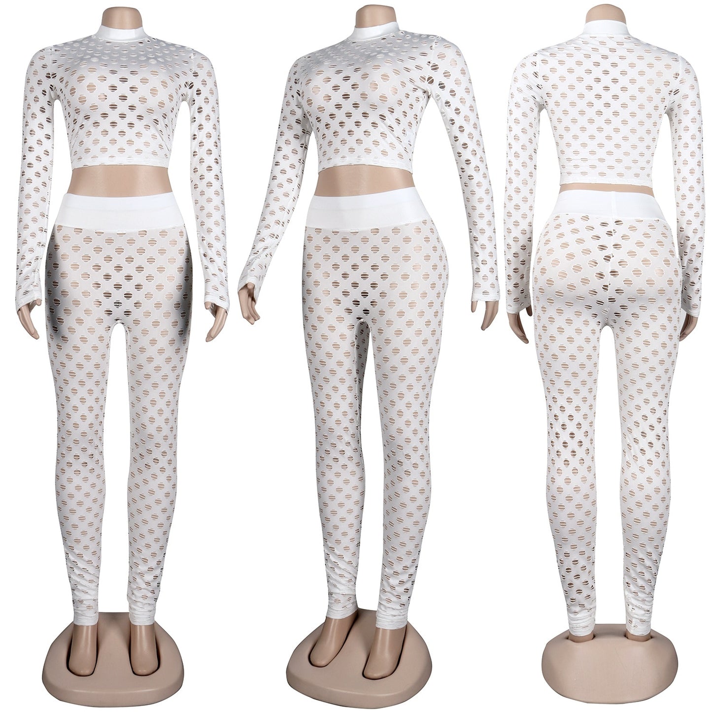 Hole Pattern Long Sleeve Hollow Out Crop Top & Pants 2-Piece Set