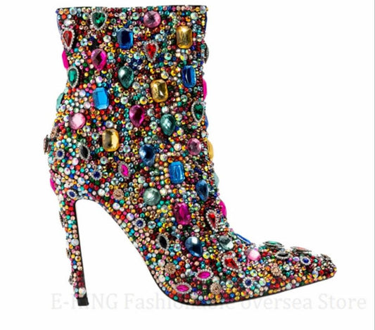 Multicolor Crystal Rhinestone Stiletto Heel Cocktail Ladies Ankle Boots