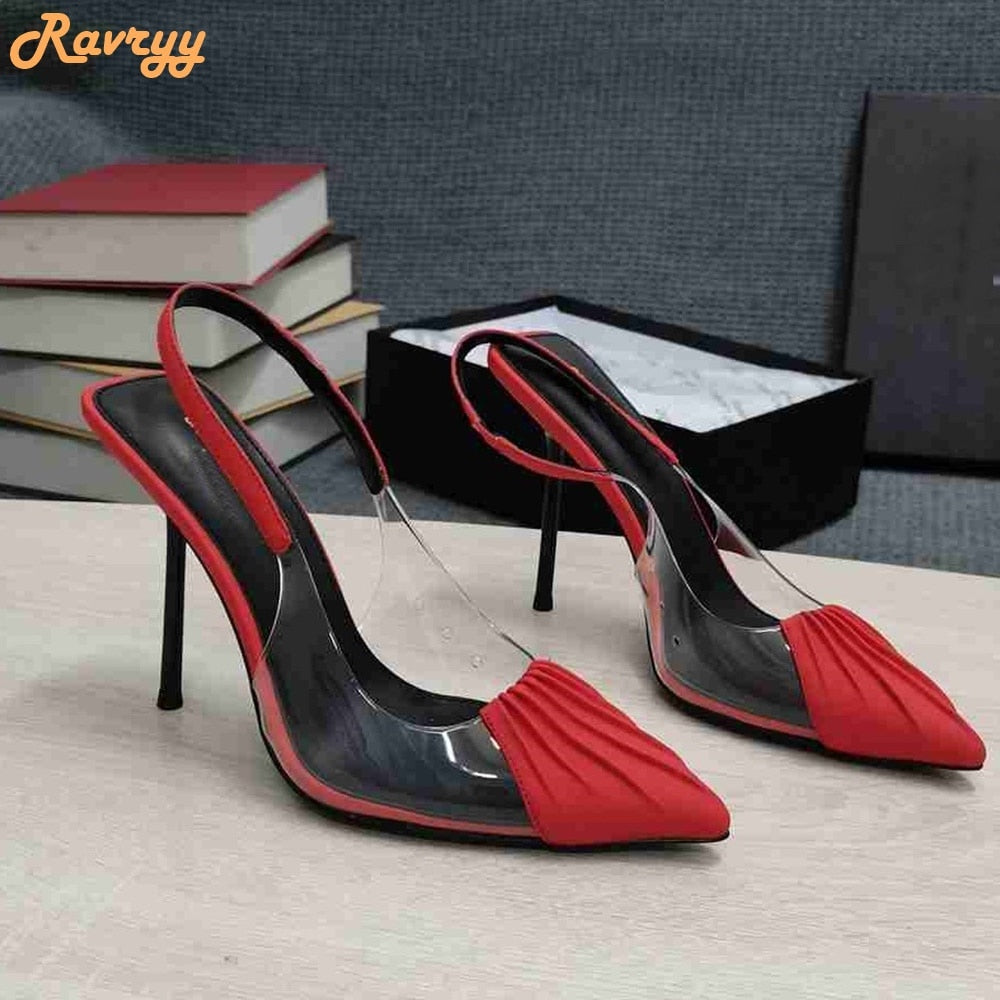 PVC Cover Pointed Toe Patent Leather Pleated Stiletto Heel Back Strap Sandal Pumps