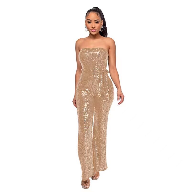 Sleeveless Sequin Shiny Strapless Wide Leg Backless Jumpsuit