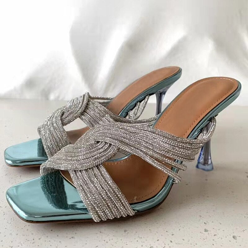 Rhinestone High Heel Peep Toe Crystal Cross Strap Mule Sandals