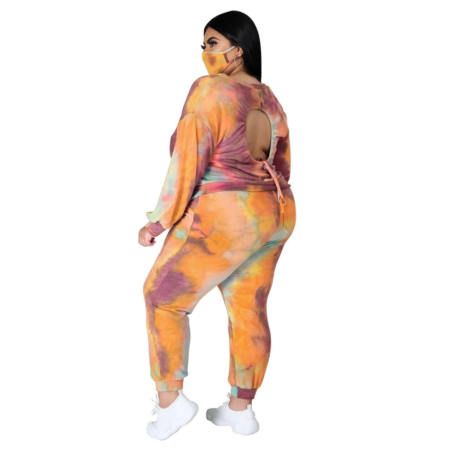 Tie-Dye Hollow-Out Open Lace-Up Back Long Sleeve Pullover Sweatshirt + Sweatpants Women's Tracksuit to 5X Plus Size