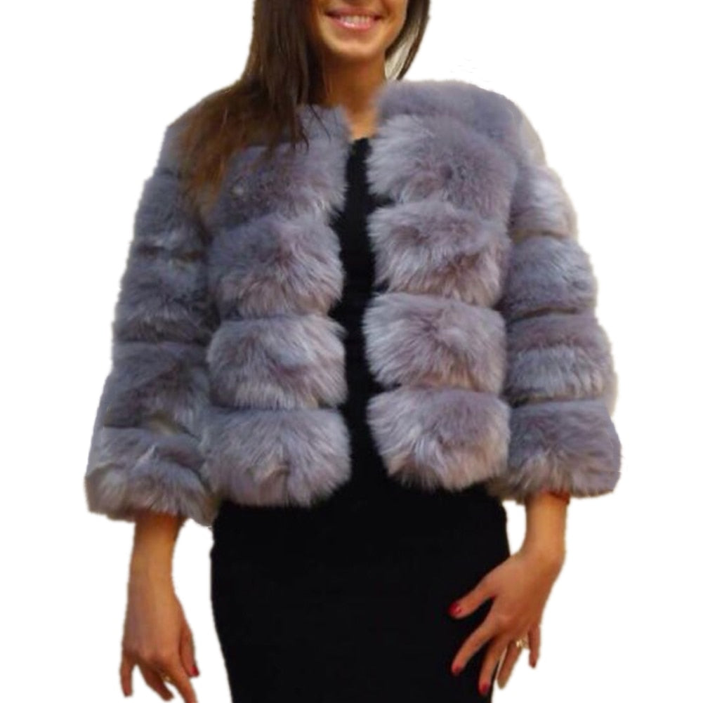 Vintage Faux Fur Solid Color Long Sleeve Women's Jacket to 4X