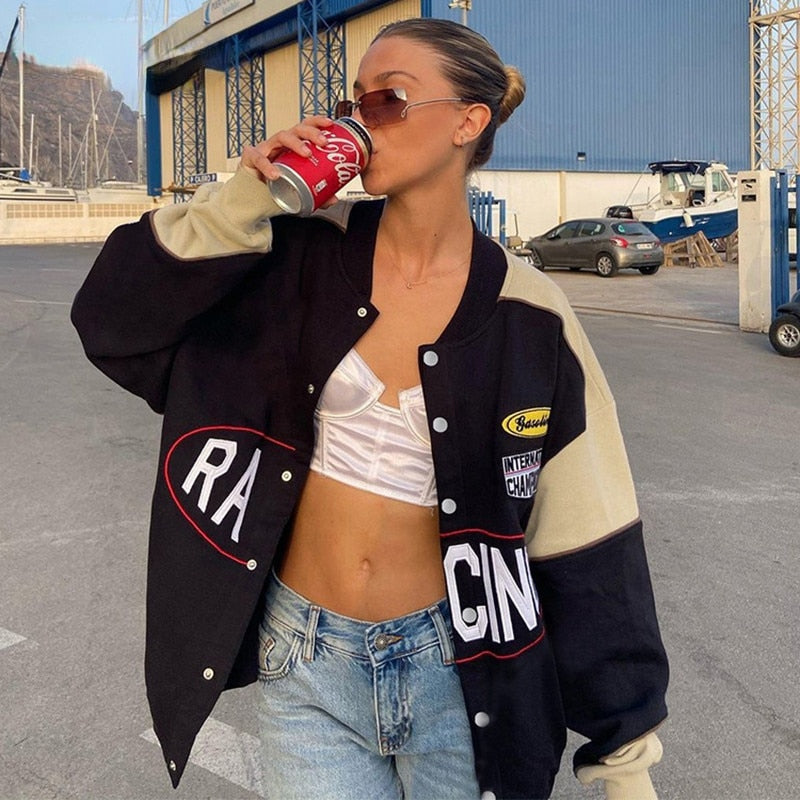 Varsity Jackets Women 2021 Autumn Winter Fashion Oversized Long Sleeve Bomber Loose Black Baseball Vintage Y2K Coat