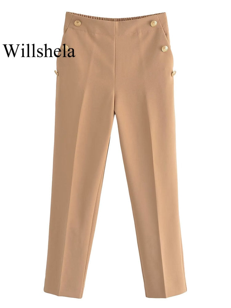 Women's Button Solid Trouser Vintage High Elastic Waist Wide Leg Pants