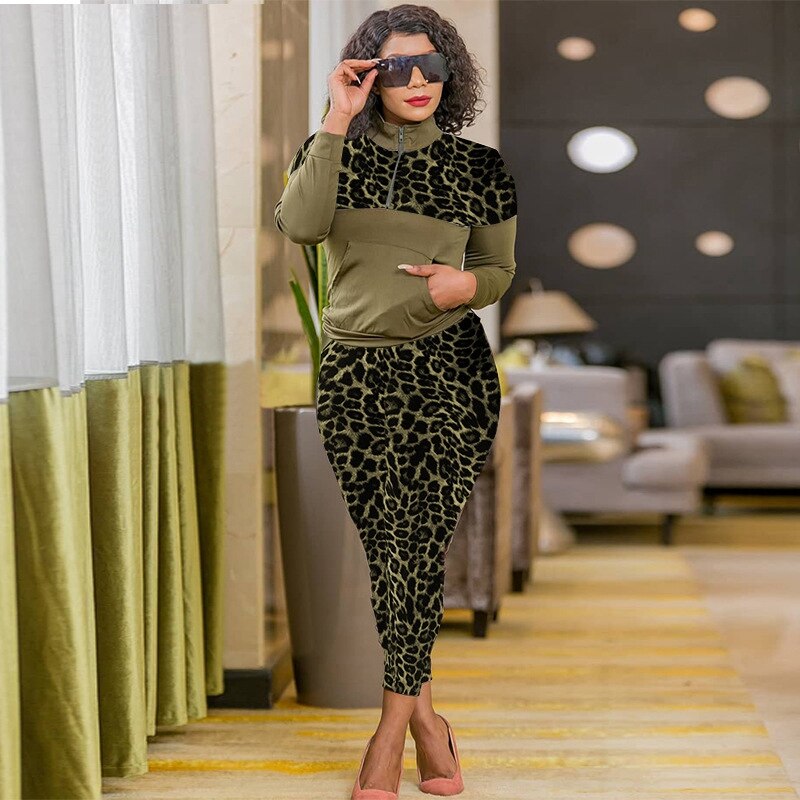 Colorblock/Leopard Print Women's Long Sleeve Zipper Jacket + Leopard Sweatpants Tracksuit to 3X