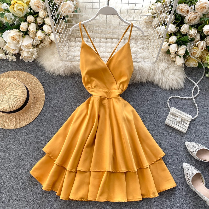 V-Neck Backless Lace Up Ruffles Cakes Solid A-line High Waist Dress