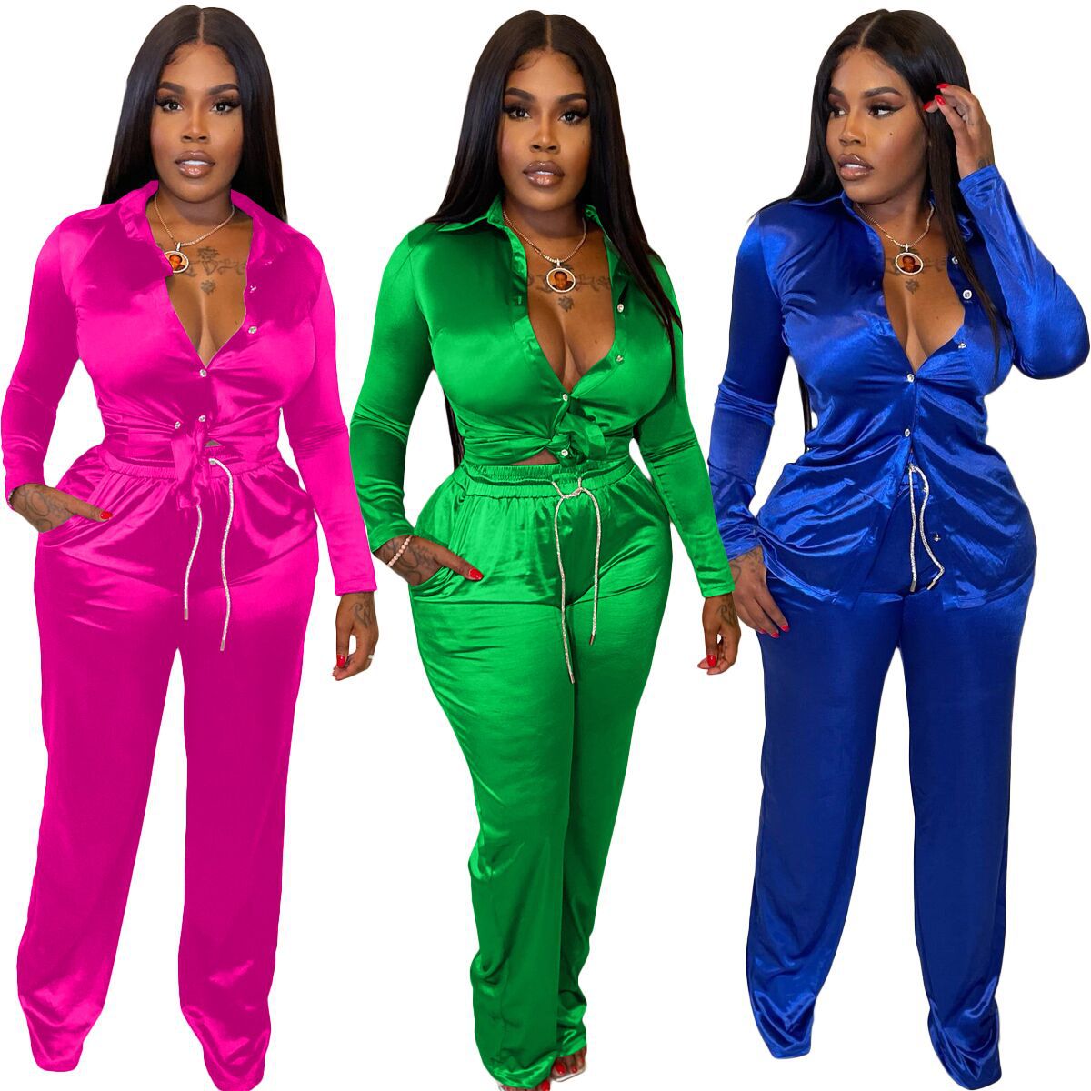 Satin Button Long Sleeve Lace Up Shirt Top + Drawstring Pants 2-Piece Set