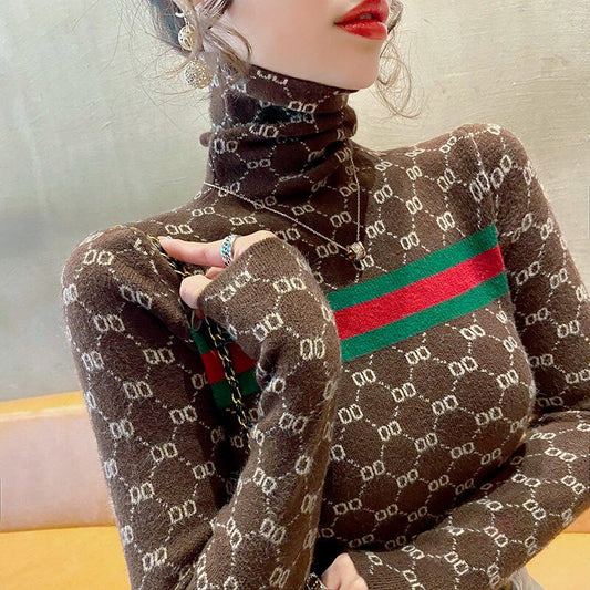 Turtleneck Replica Women's Monogram Jacquard Print Long Sleeve Pullover Sweater