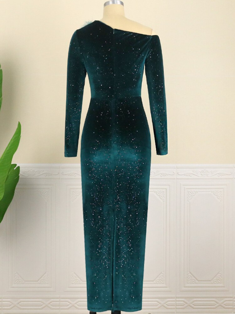 Velvet Dark Green Feathered Sequined Cold Shoulder Long Sleeve Bodycon Formal Evening Gown Party/Prom Maxi Dress to 4X